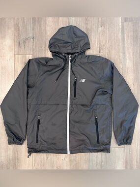 New Balance Men's Hooded Windbreaker Jacket - Charcoal Gray with White Trim